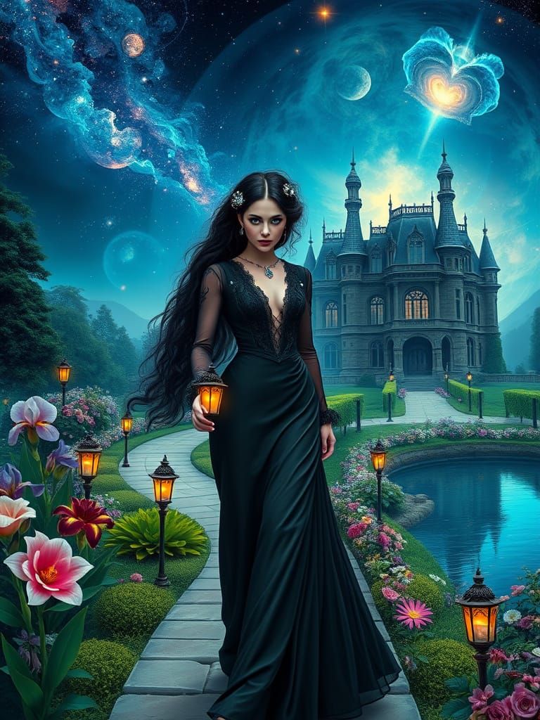 Elegant Victorian Lady in Dark Fantasy Chateau Garden
