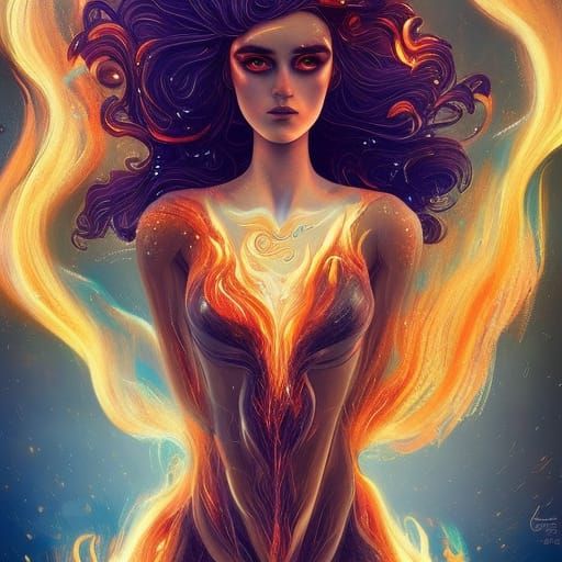Wind Elemental Woman of Liquid Fire in Surrealist Style