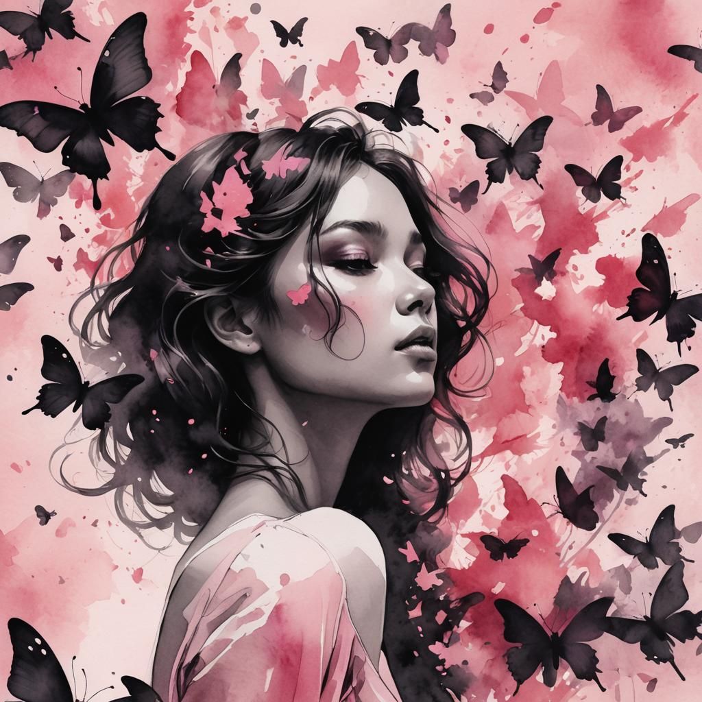 minimalist drawing of black silhouettes of a woman blowing butterflies and pink watercolor background, well-blurred wate...