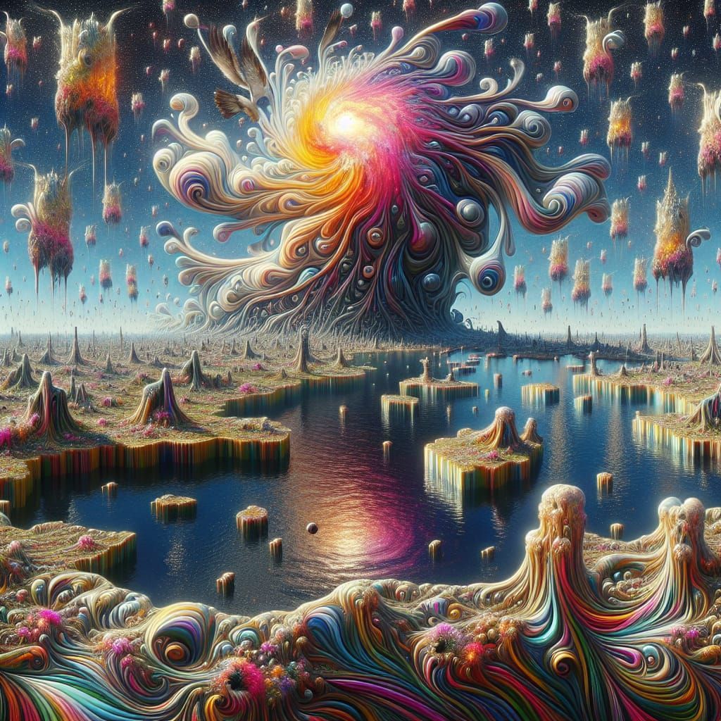 Surreal Landscape with Elastic Flora and Metallic Sky