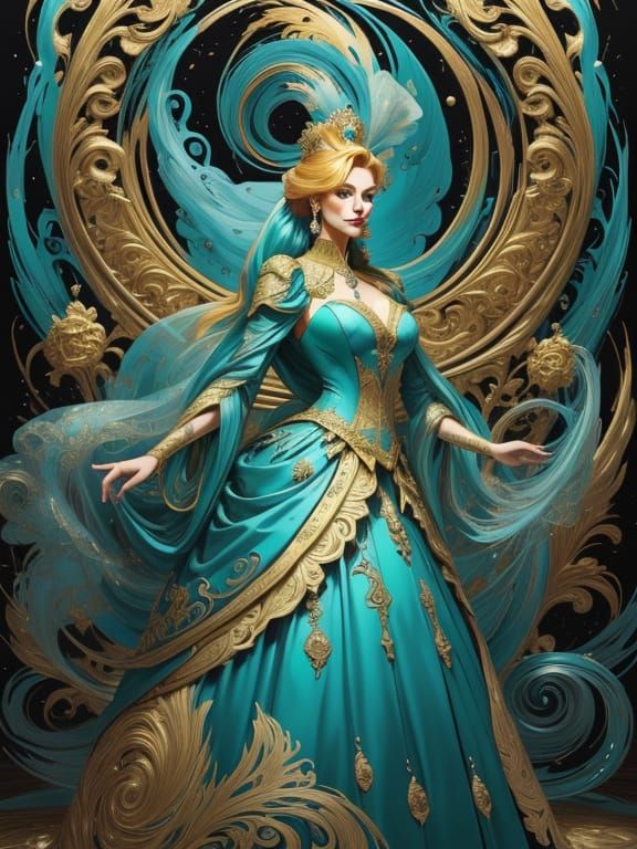 Golden Haired Woman in Turquoise Swirl Gown