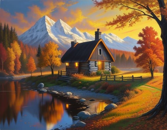 Charming Autumn Cottage at Sunrise in Oil Painting Style
