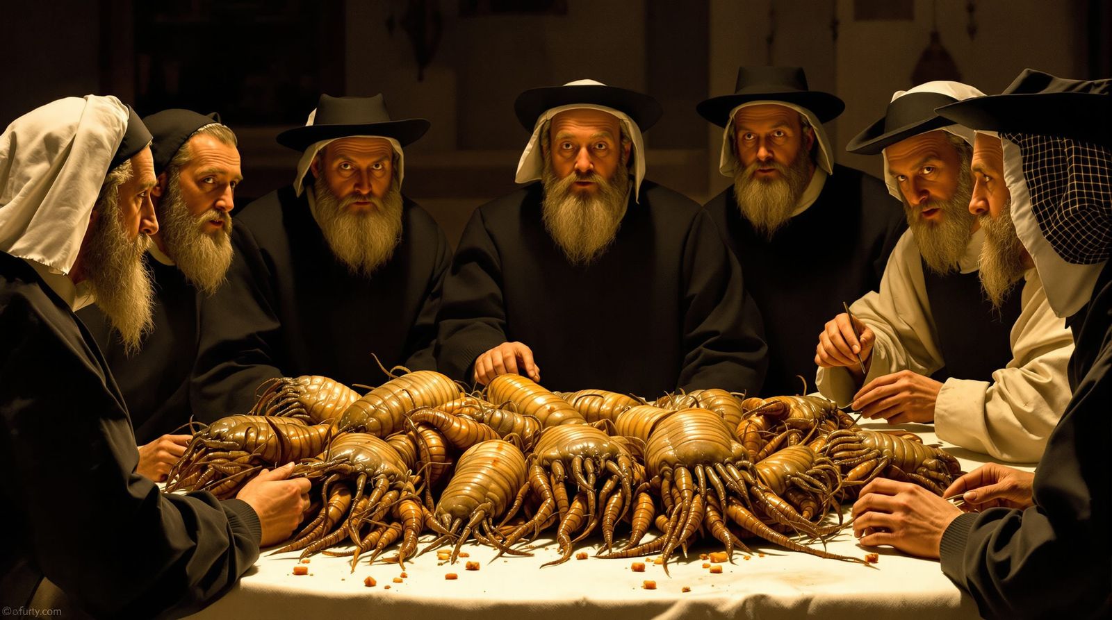 Puritans Gather to Eat Giant Isopods in Norman Rockwell Styl...
