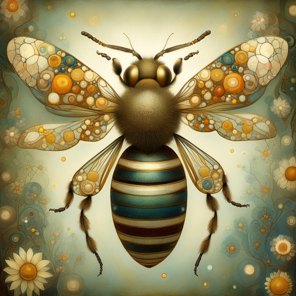 Surreal Bee with Golden Geometry Wings