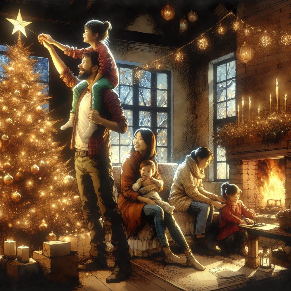 Cozy Family Christmas Scene in European Ink Painting Style
