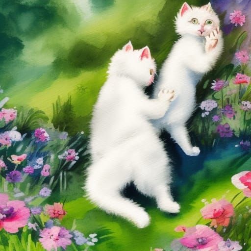 White Kittens Playing: Impasto Gouache Watercolor Painting