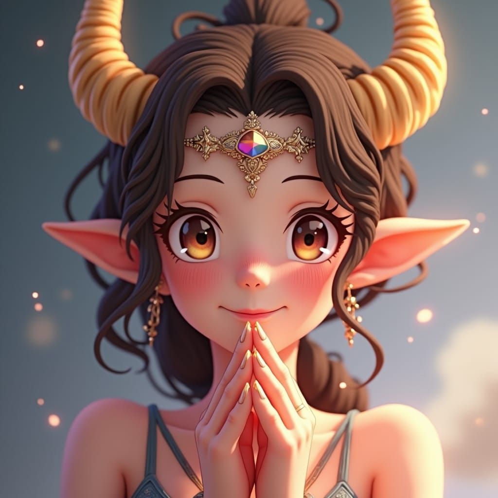 Anime-Inspired Horned Girl with Golden Glow
