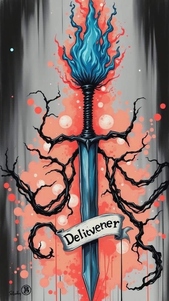 Sword of Deliverance: A Flaming Blue Blade with Wings and Cr...