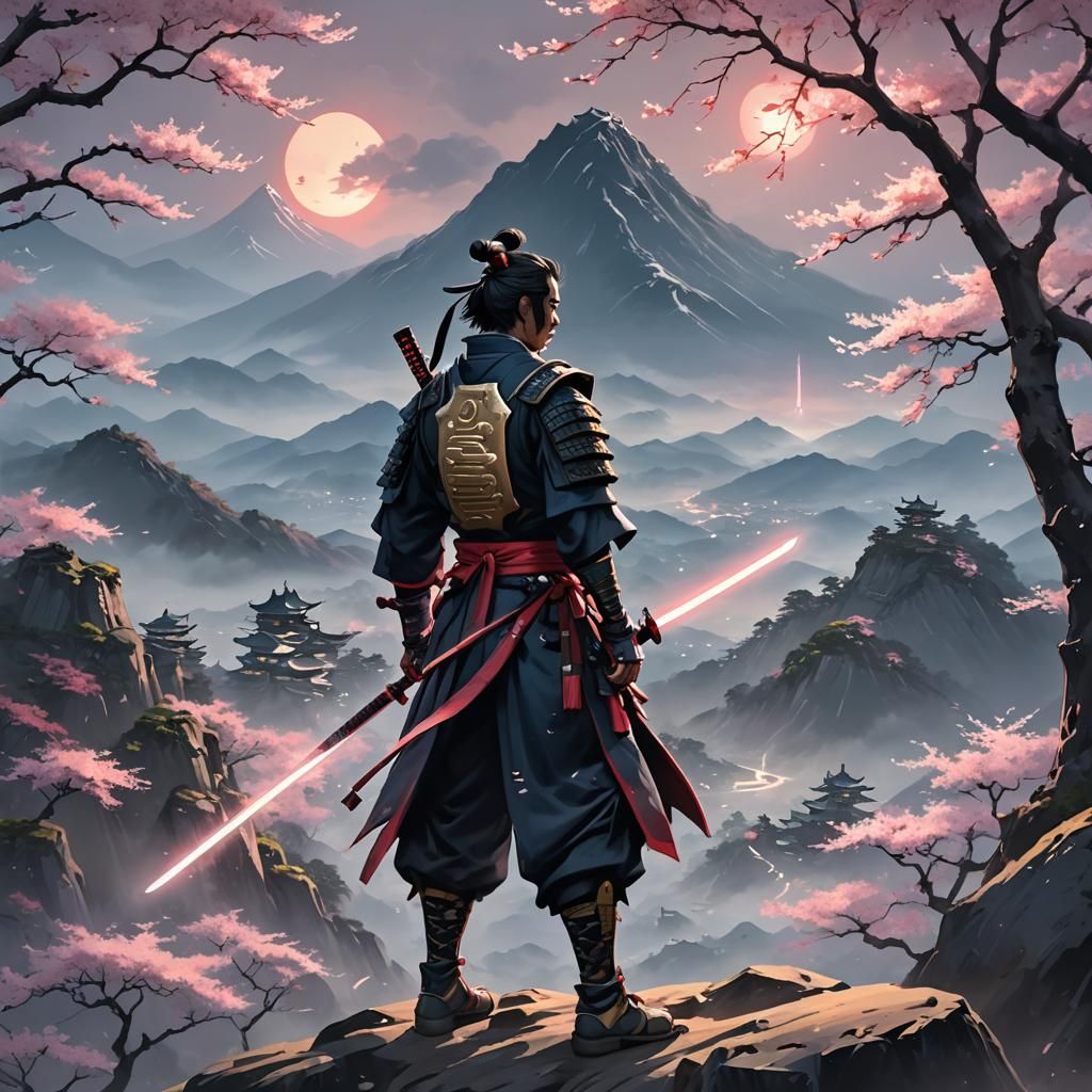 Samurai with Shining Sword in Anime Style