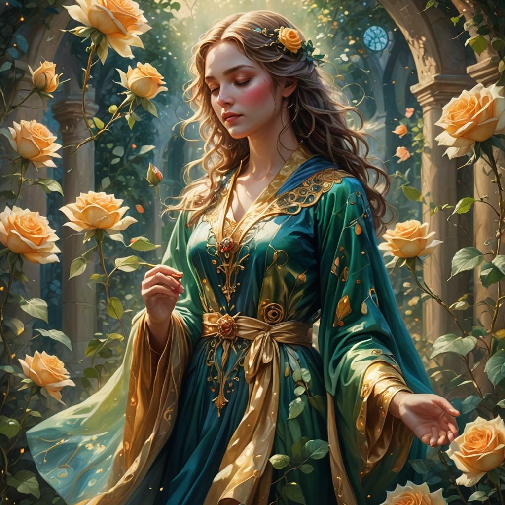 Mystical Garden: Gentle Being Smelling a Rose