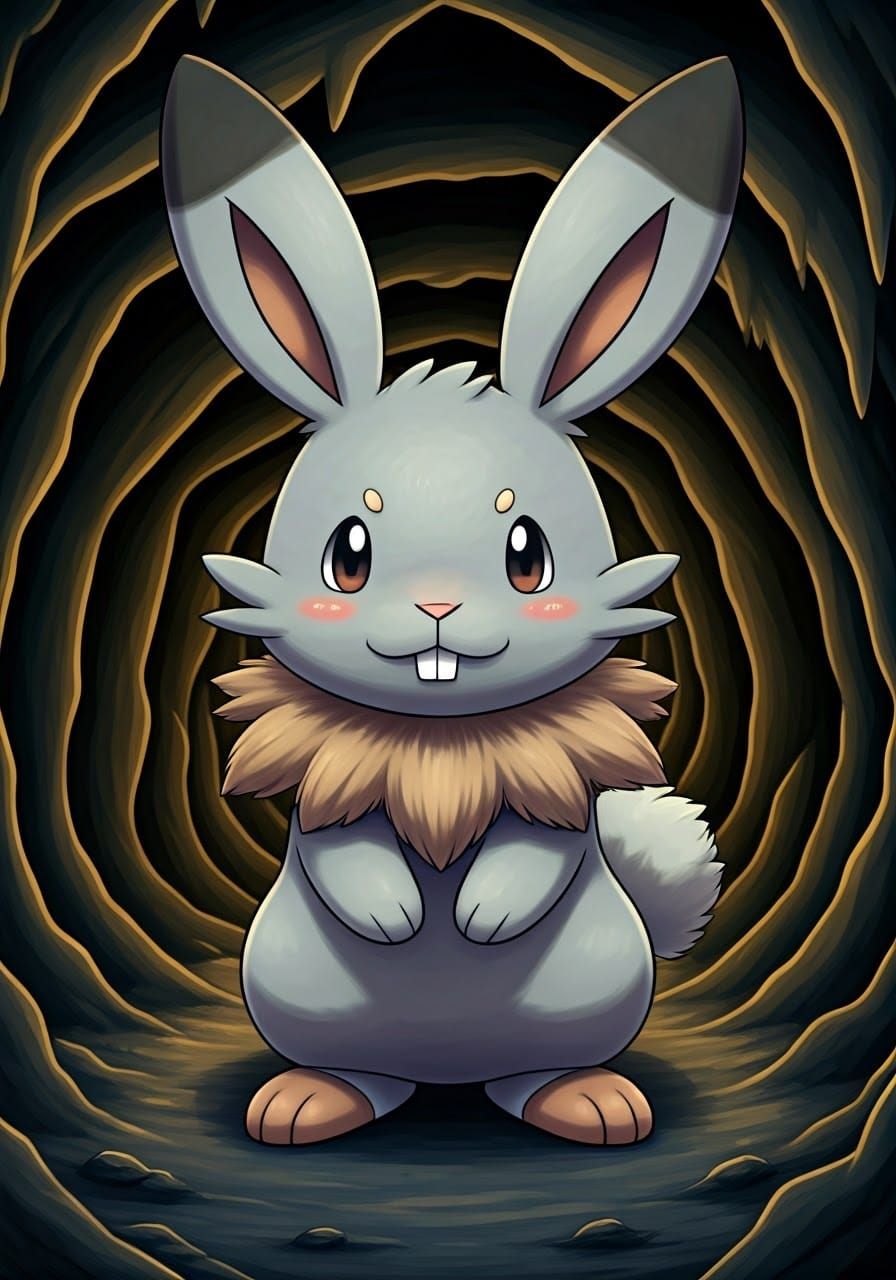 Anime-Style Gray Rabbit-Like Pokémon with Dark Brown Ears an...