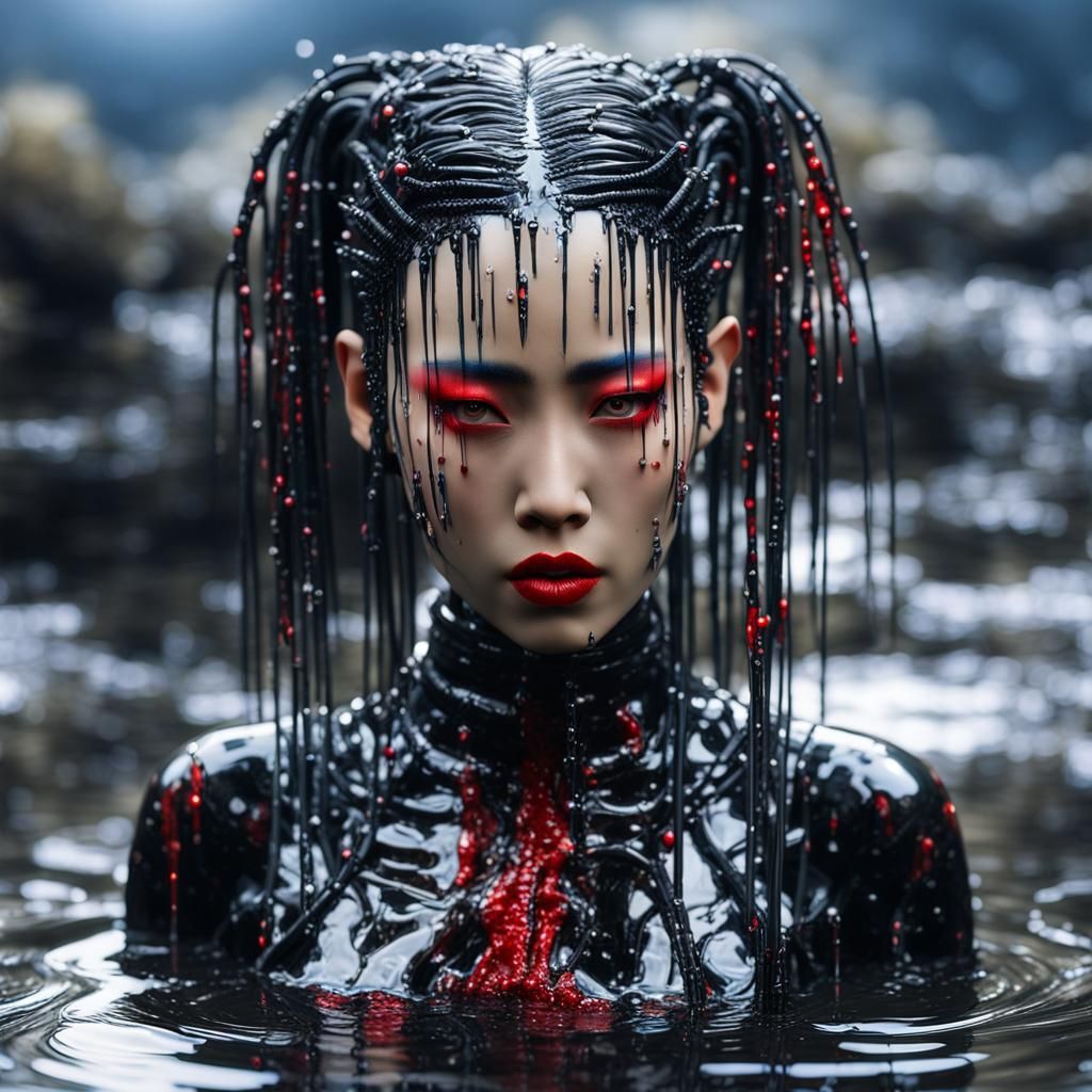 Cyberpunk Woman in Molten Onsen Lake