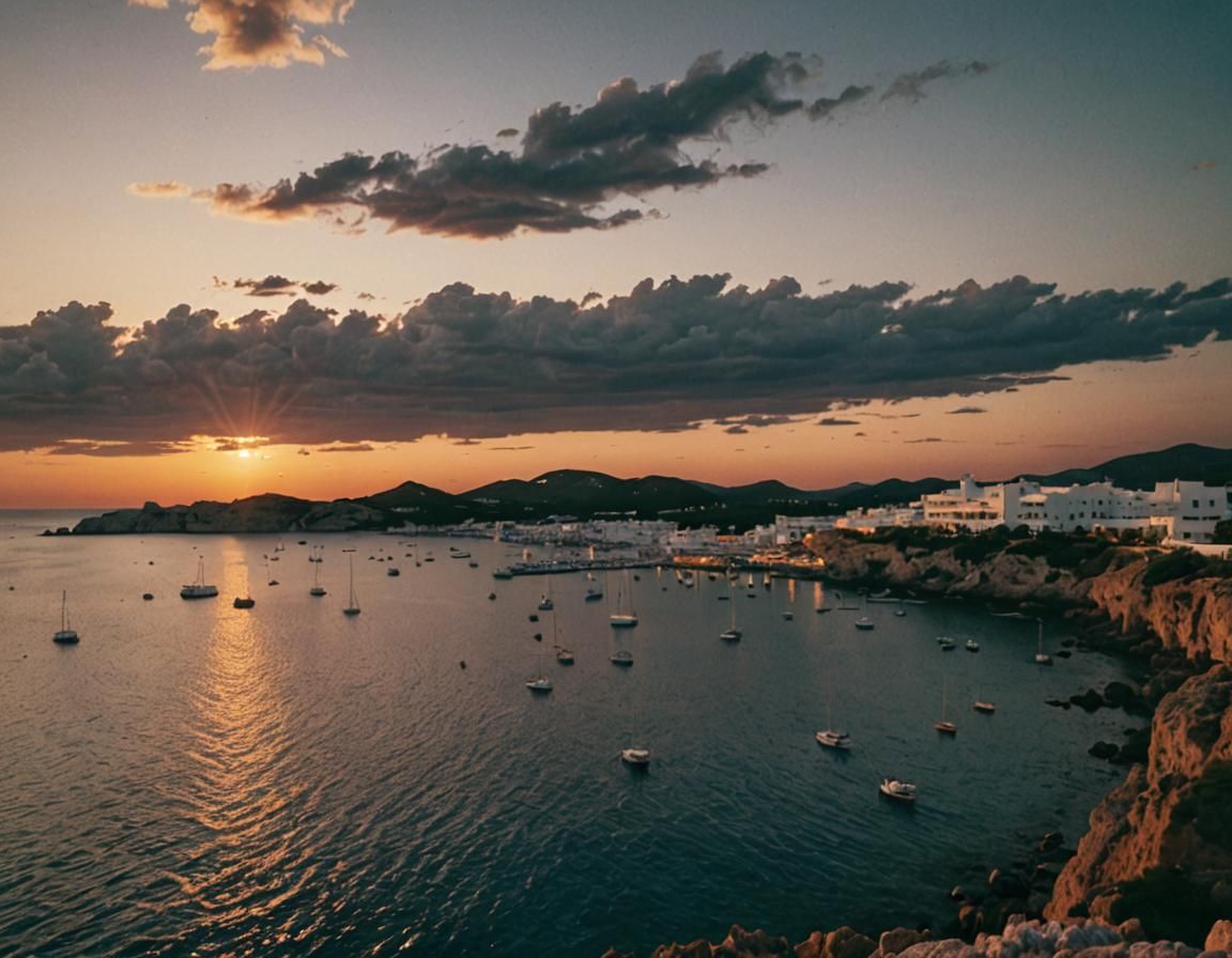 Ibiza Sunset Over Cafe Del Mar: Cinematic Film Still