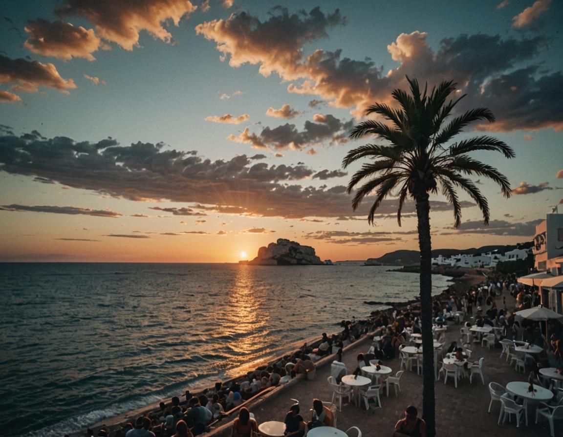 Ibiza Sunset Over Cafe Del Mar: Cinematic Film Still
