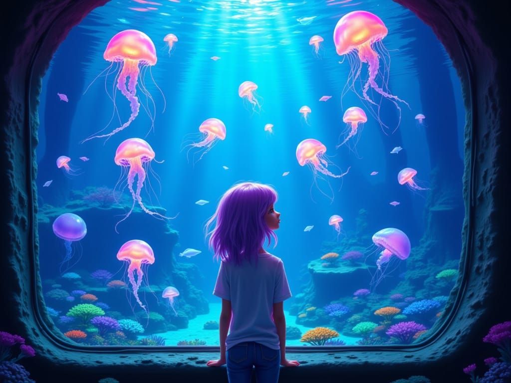 Girl Watches Bioluminescent Jellyfish in a Surreal Style