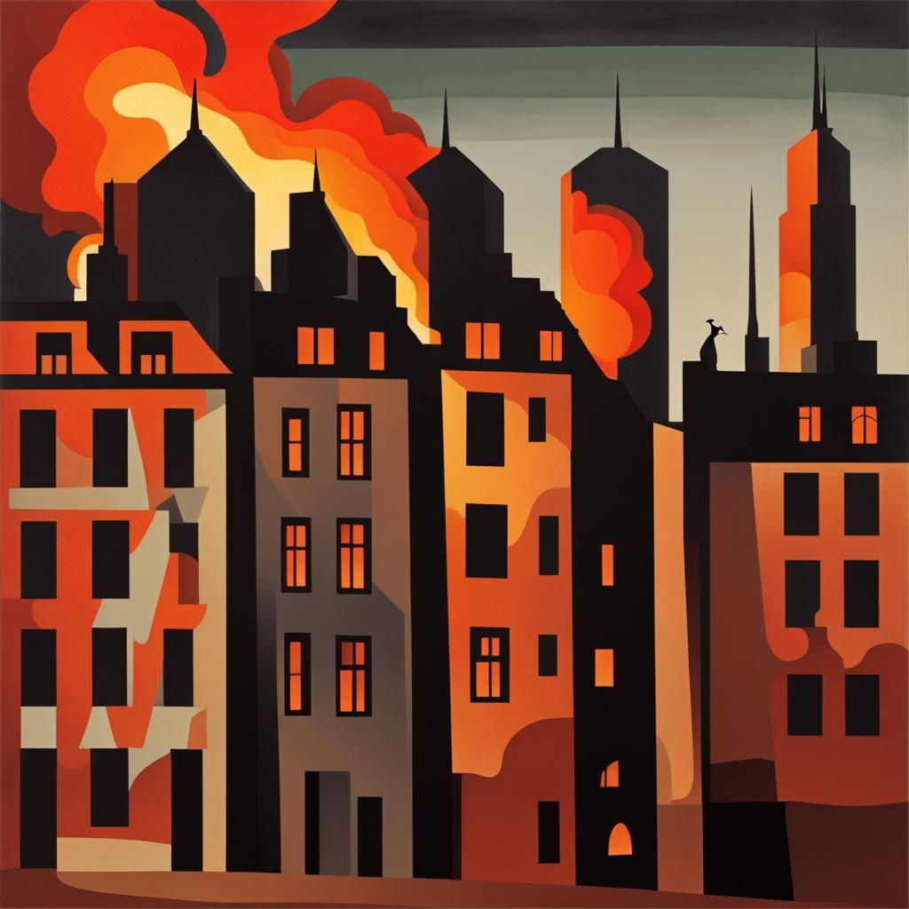 Berlin Silhouette Burning: Cubist Style Painting
