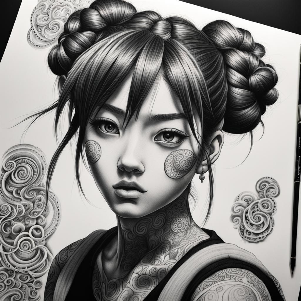 Anime Girl Portrait with Tattoos in Charcoal Art