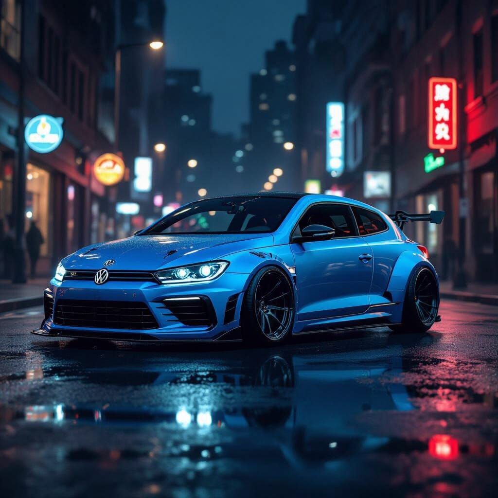 Electric Blue Widebody Scirocco in Moody City Night