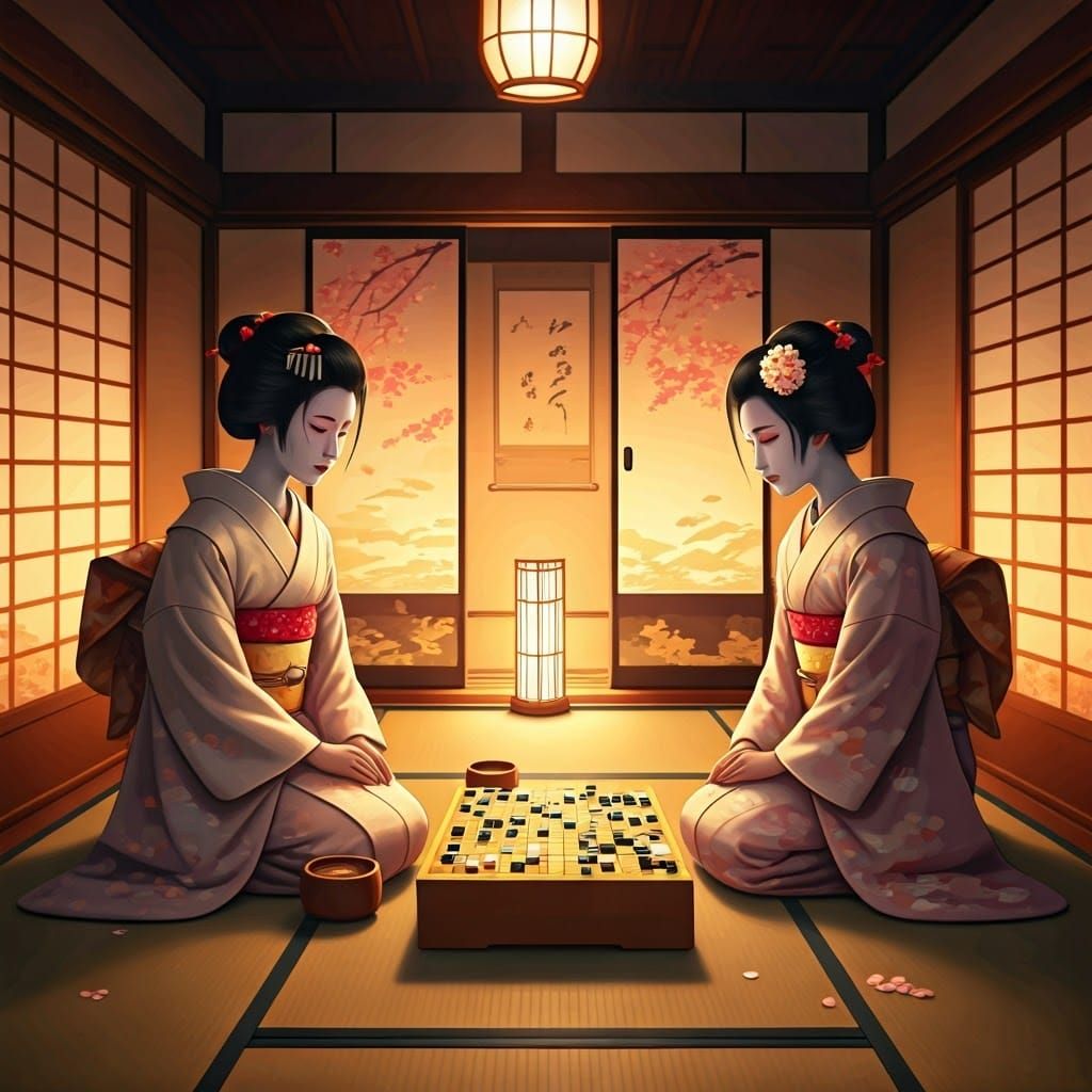 Elegant Geishas Playing Go in Traditional Setting