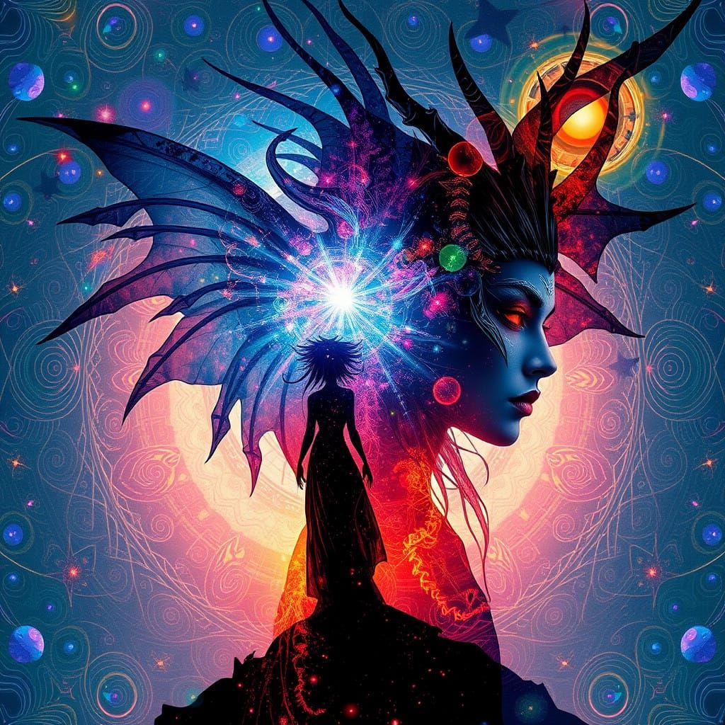 Ethereal Dark Fairy Goddess in Cosmic Zentangle Background