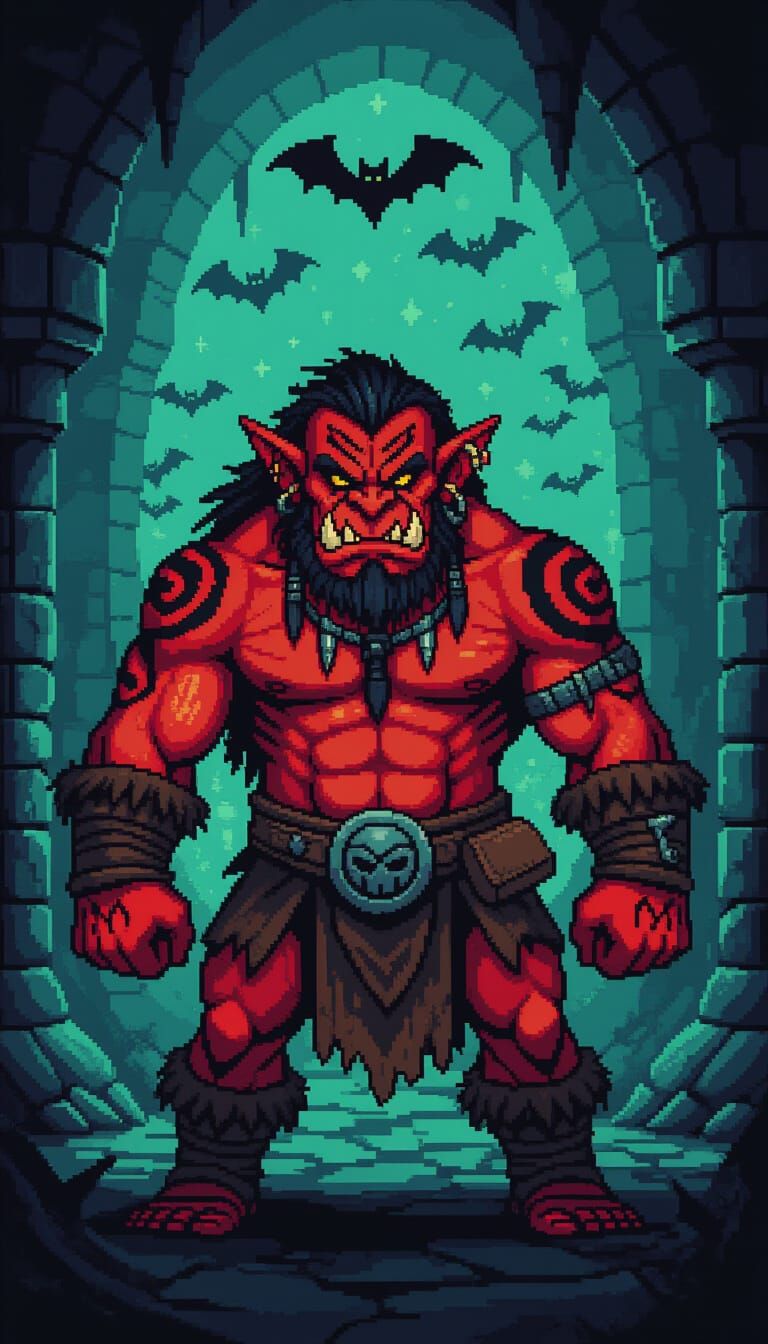 Red Orc With Tribal Tattoo in Pixel Art