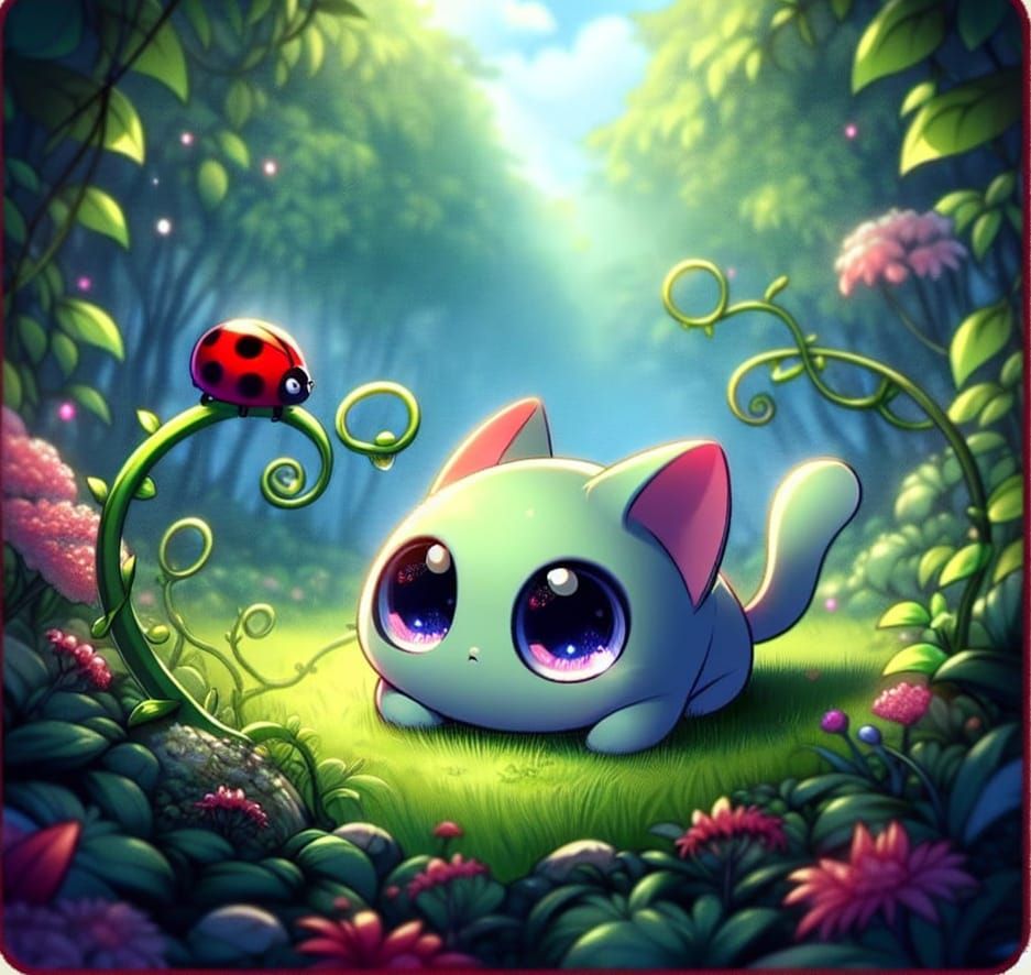 Cute Glowing Monster Watching a Ladybug