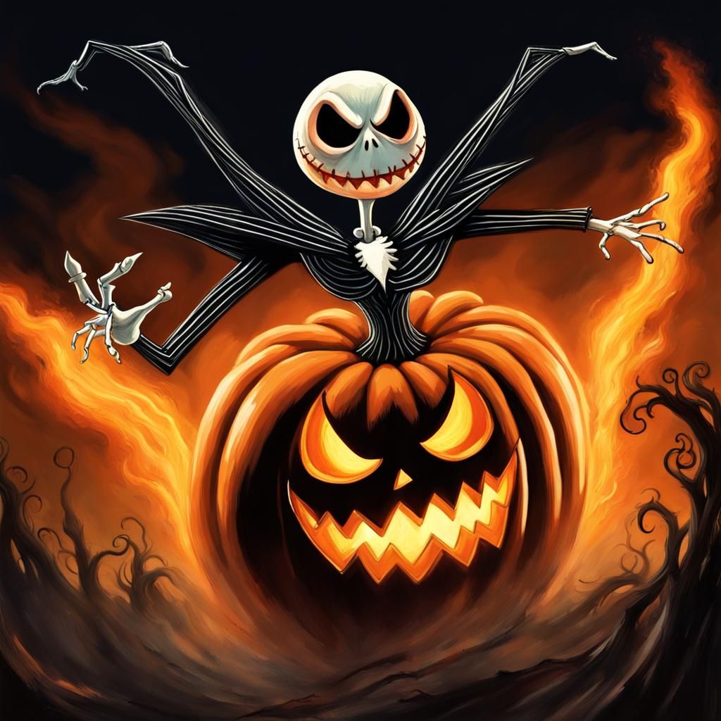 Flaming Pumpkinhead with Jack and Sally, Burton Style