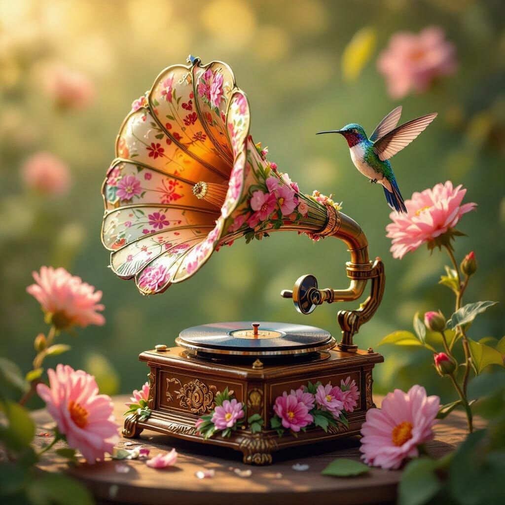 Floral Gramophone with Hummingbird in Garden Light