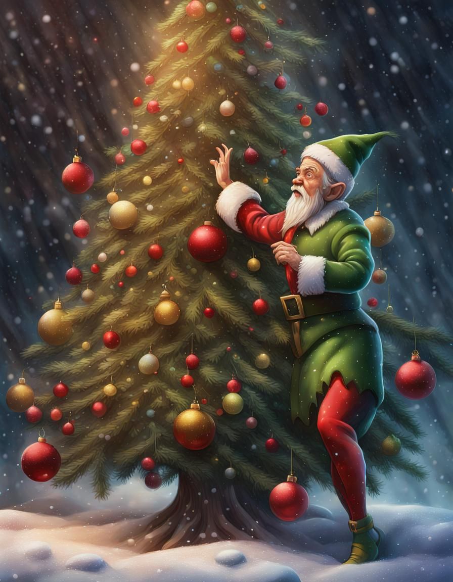 Hyperrealistic Christmas Elf Decorating Tree in Snow