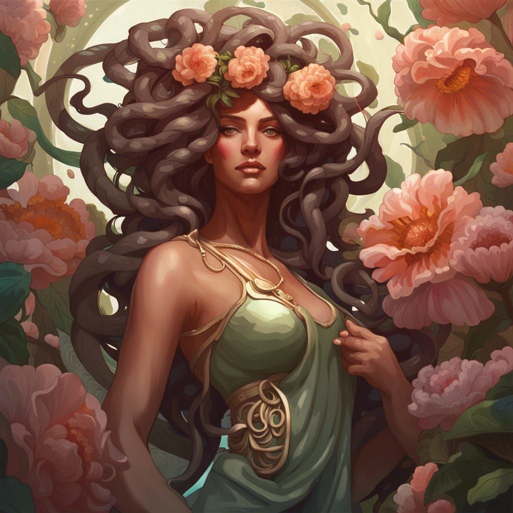 Medusa Portrait with Flower Wall in Art Nouveau Style