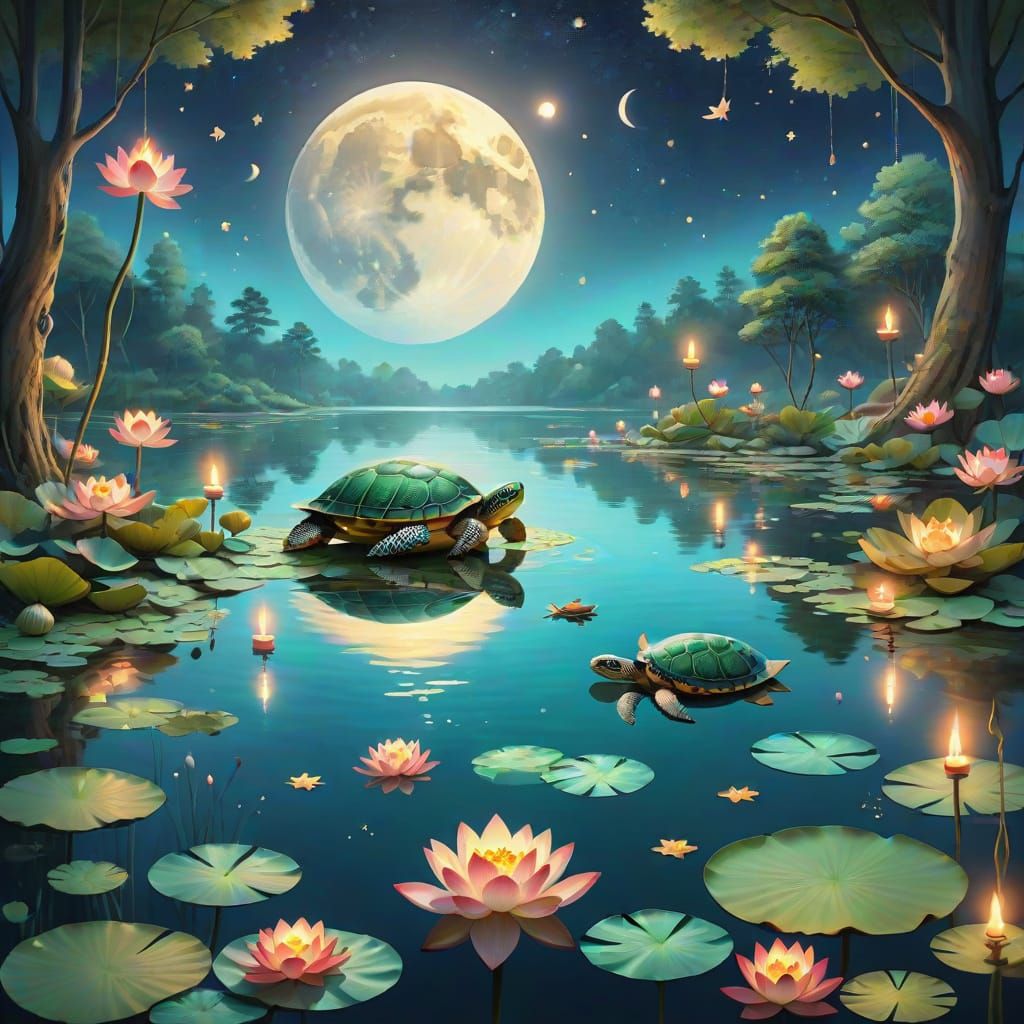 Serene Moonlit Turtle in a Peaceful Pond Scene