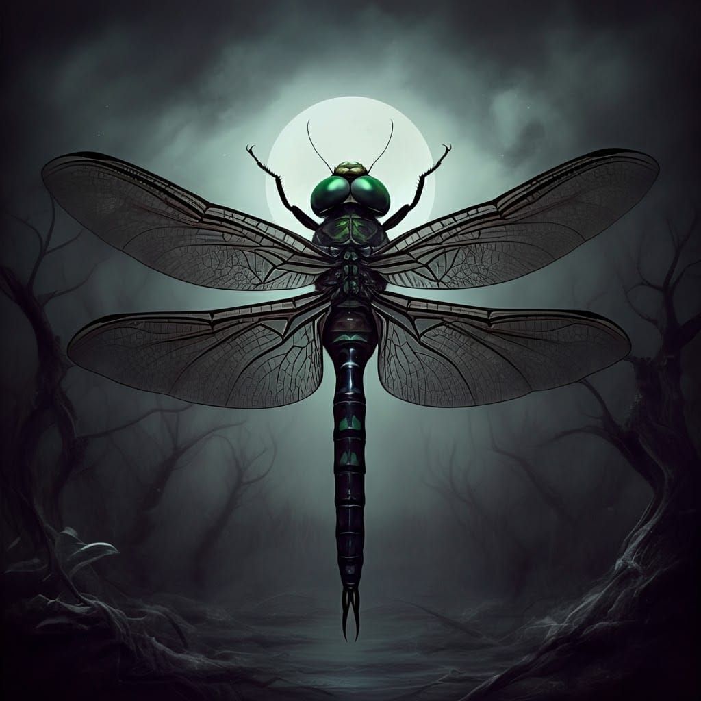 Gothic Dragonfly with Bat Wings in Dark Landscape