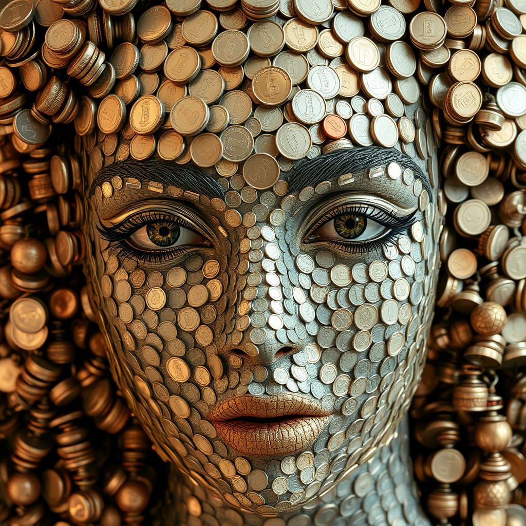 Surreal Woman Made of Coins and Money, Highly Detailed