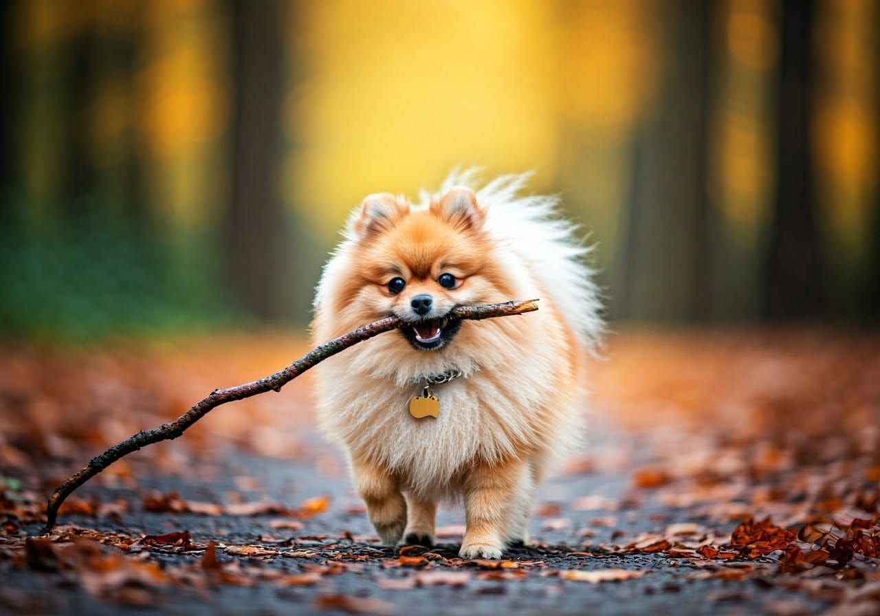 Joyful Pomeranian Dog in Autumn Forest, Photorealistic Style