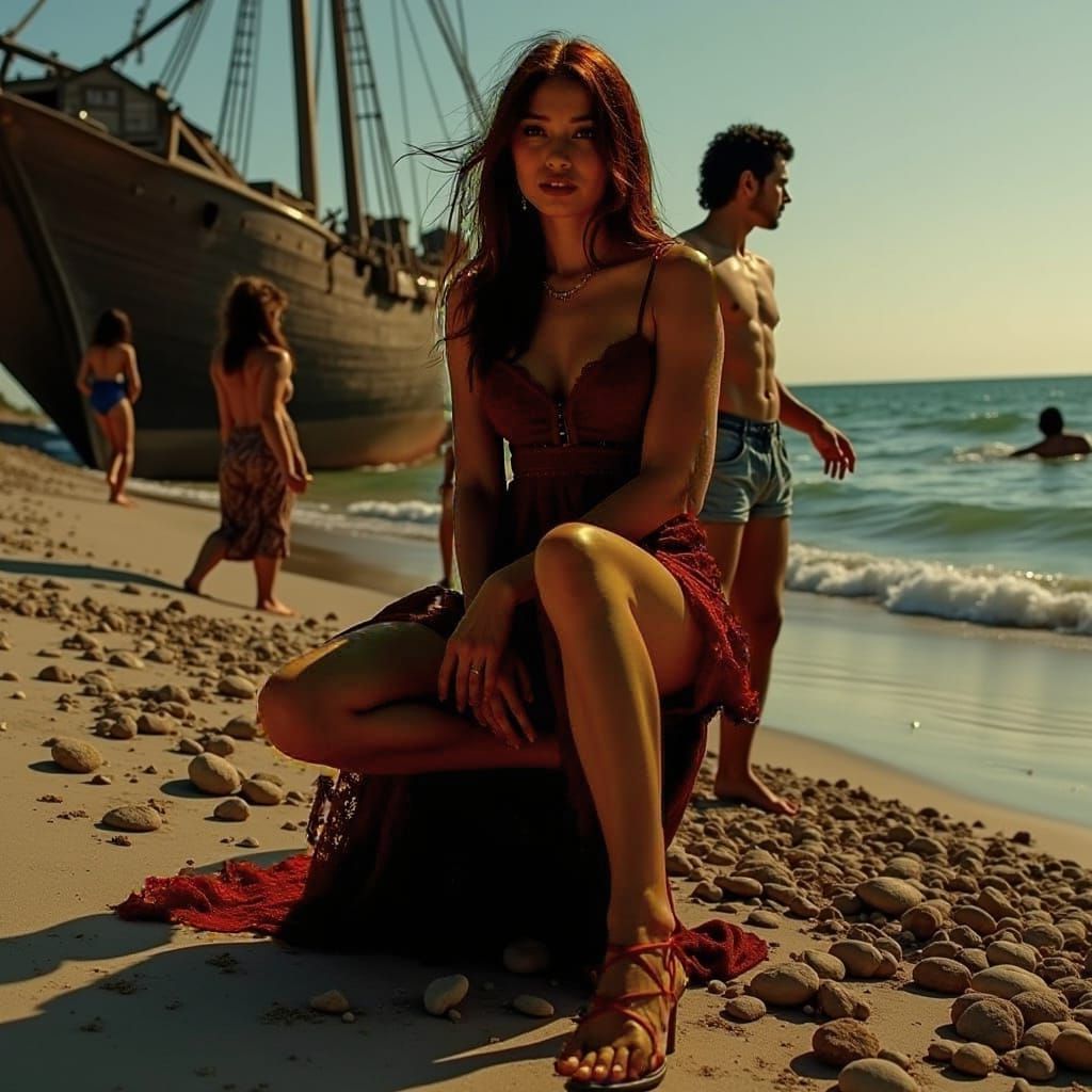 Hyperrealistic Shipwreck Survivors on Deserted Beach