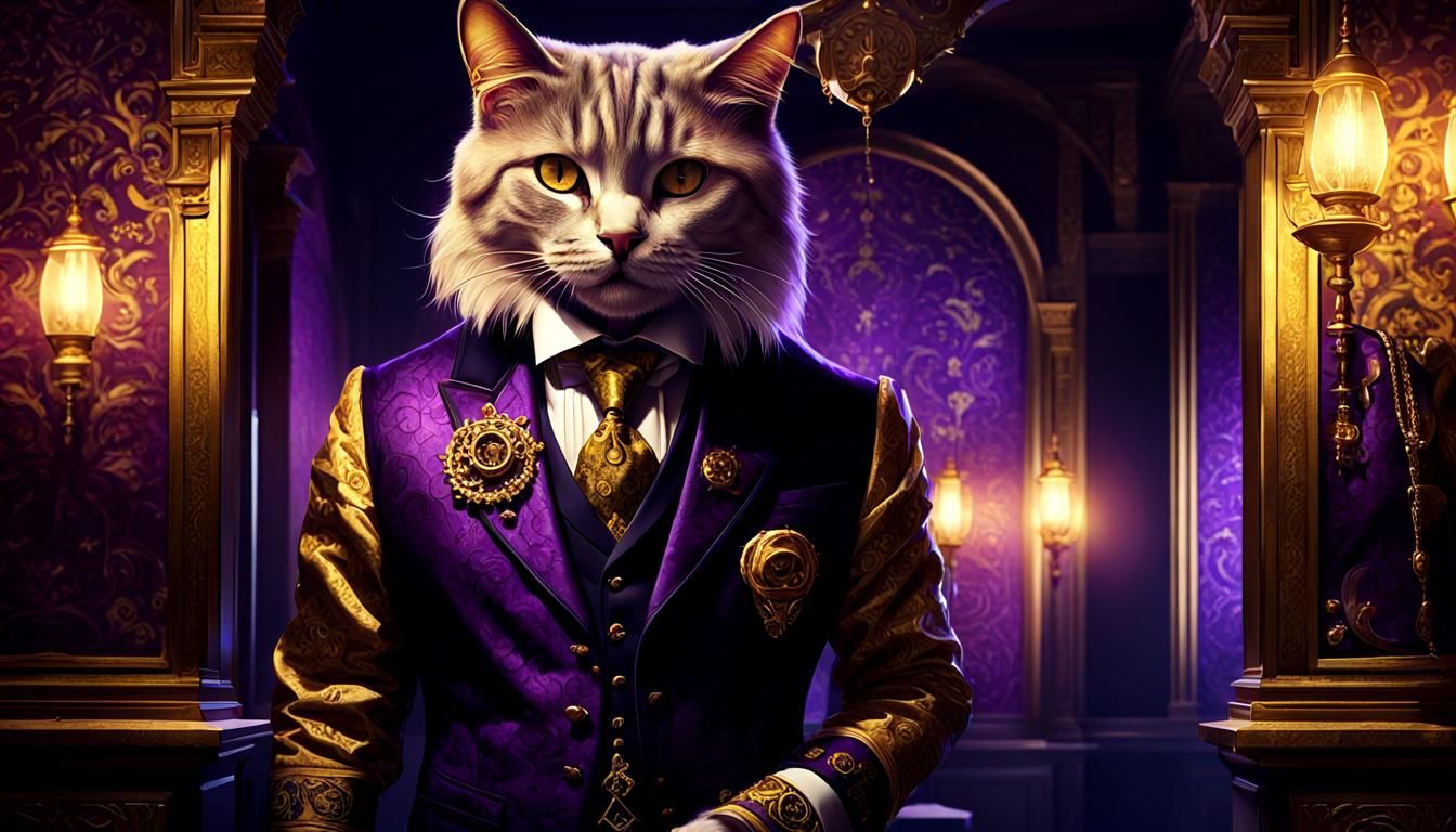 Mafia Cat in Ornate Room, Hyper-Realistic Art