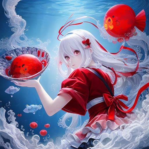 Anime Girl Underwater with Bubble and Sea Life