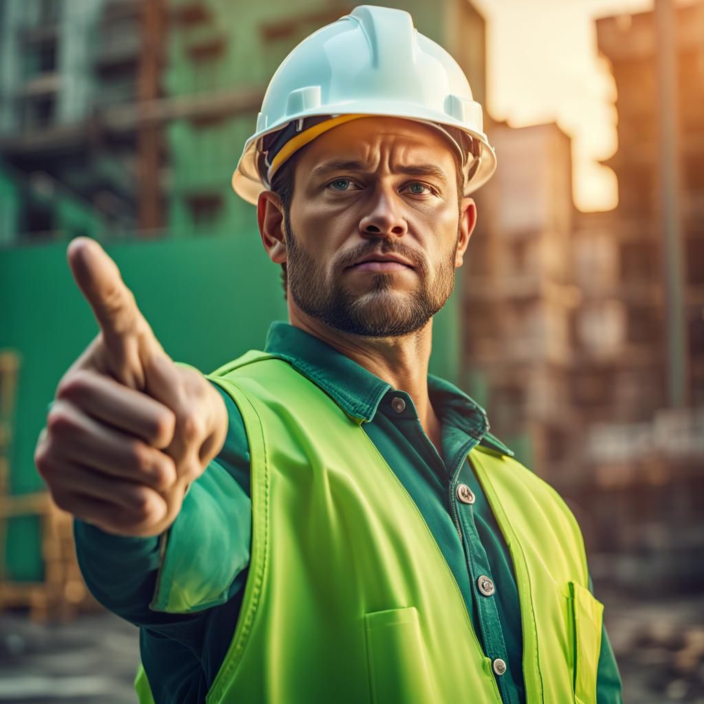 Hyperrealistic Construction Worker Points Sideways