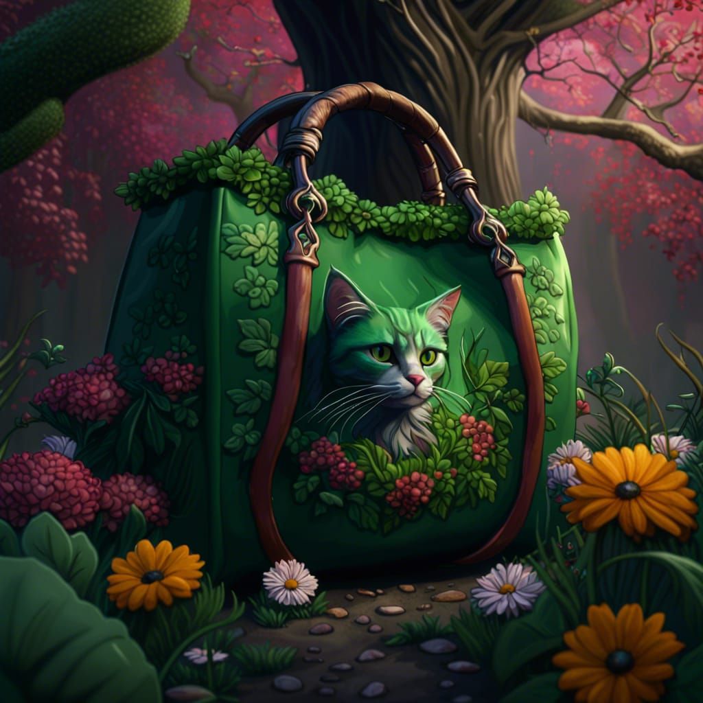 Green Bag with Cat, Trees and Flowers