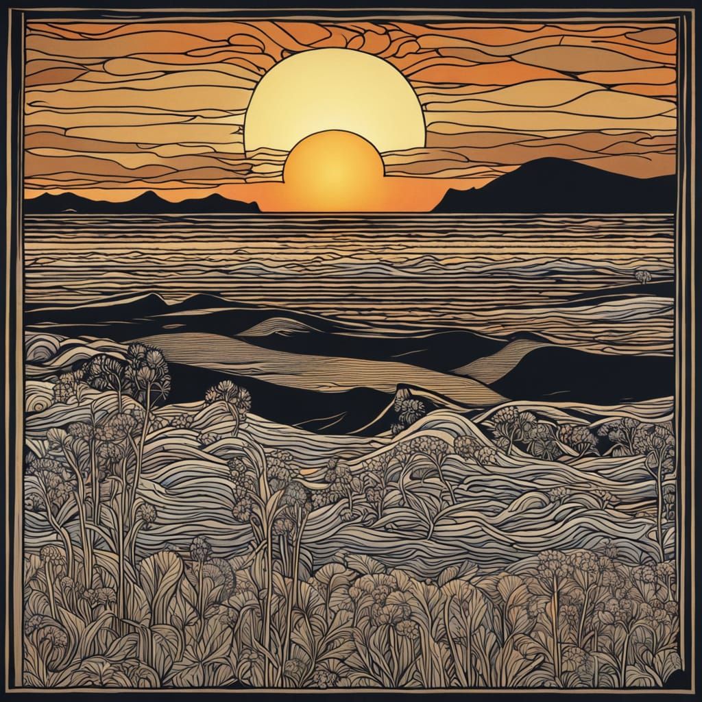Sunset Landscape in the Style of Edward Burne-Jones