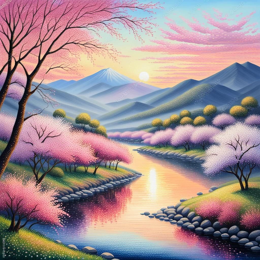 Sakura Trees at Sunset in Pointillism Style