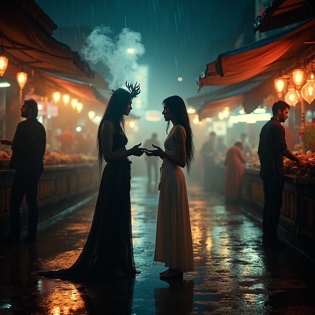 Djinn and Woman in Neon Night Market