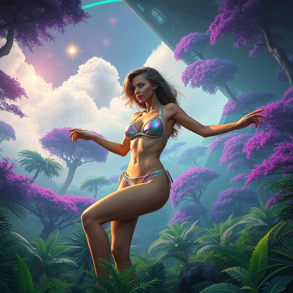 Sci-Fi Woman Dancing in Forest Spaceship