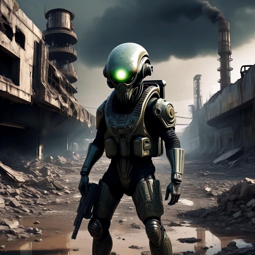 Alien Soldier in Ruined Sci-Fi Landscape