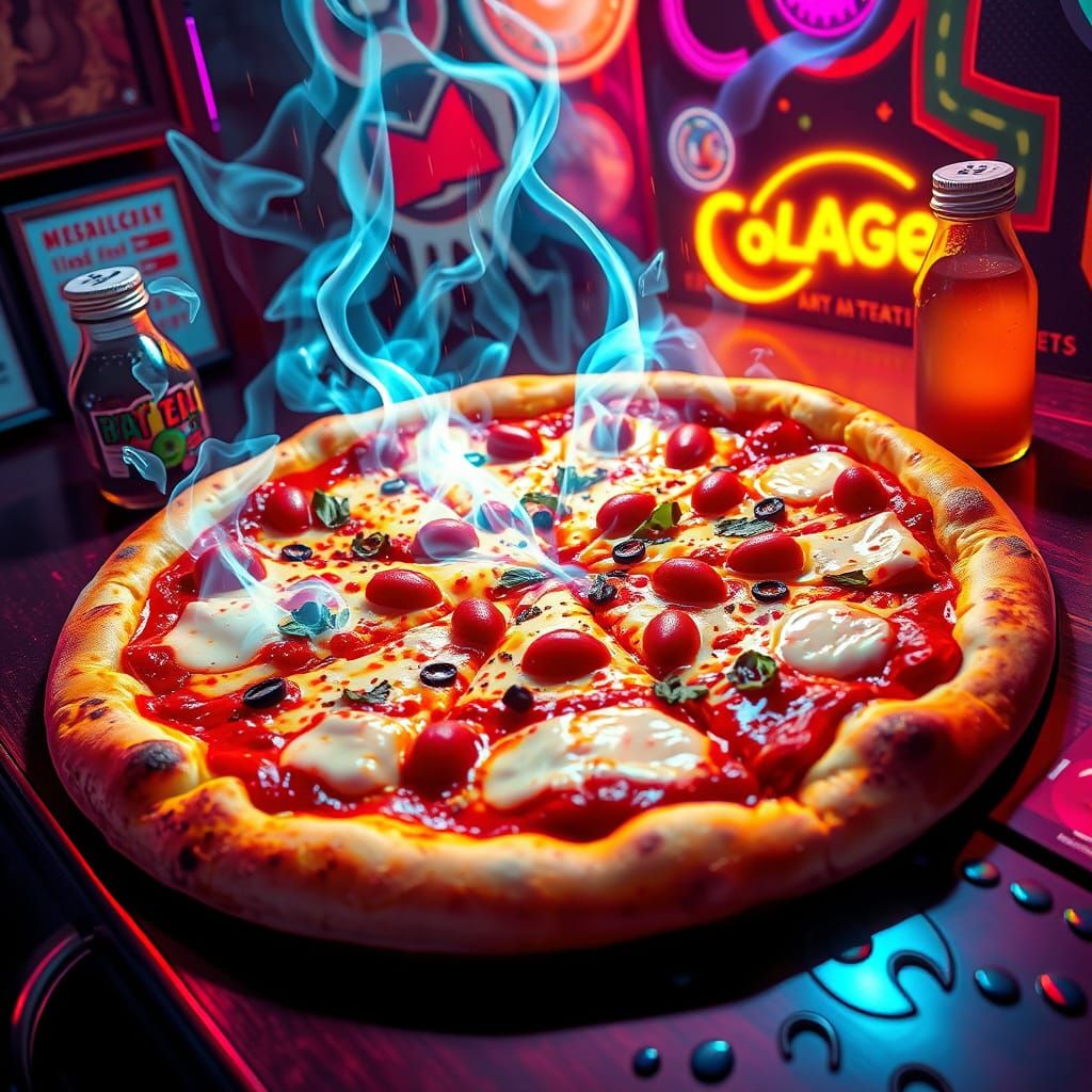 Steaming Party Pizza with Toppings in Neon Style