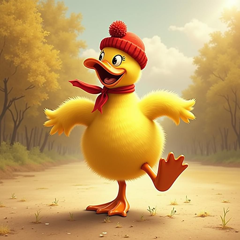 Żółta kaczuszka w czerwonym bereciku, tańczy