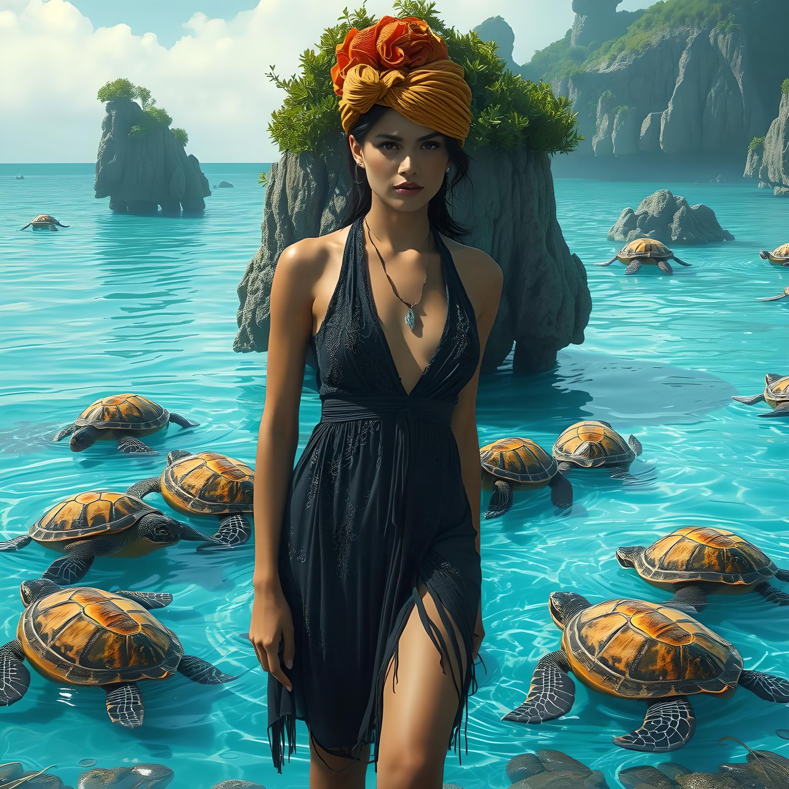 Ocean Paradise with Turtles and Rock Formations