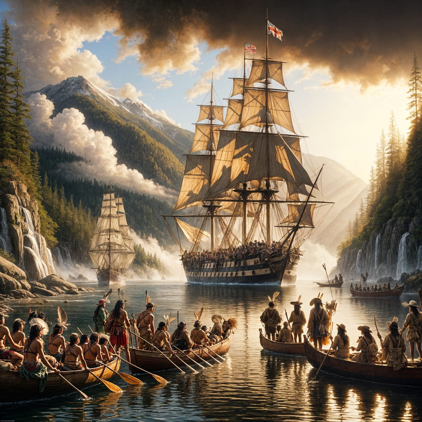 Nuu-chah-nulth Encounter with Captain Cook: Oil Painting