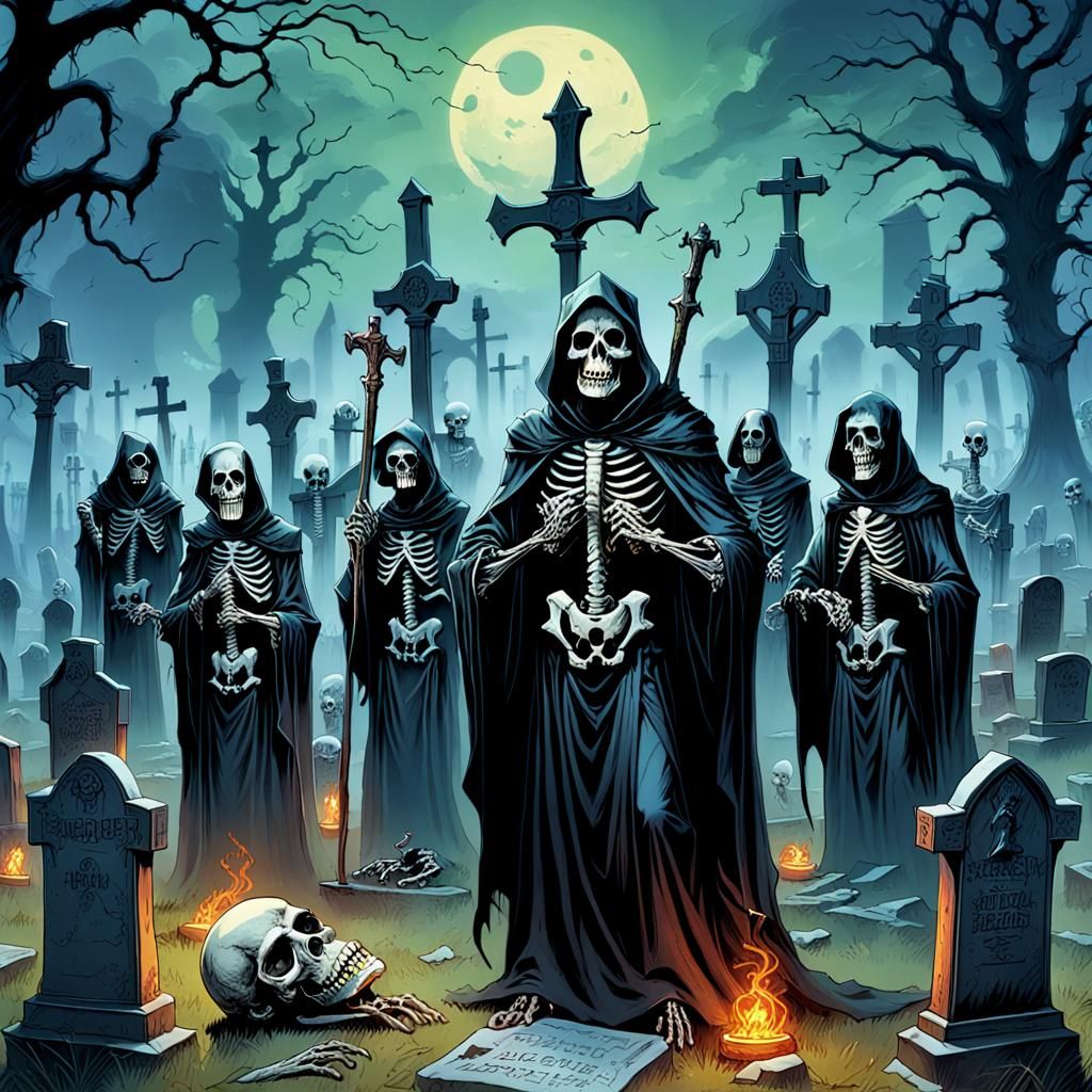 Ugly Skeletons in Graveyard: Heavy Metal Comic Art