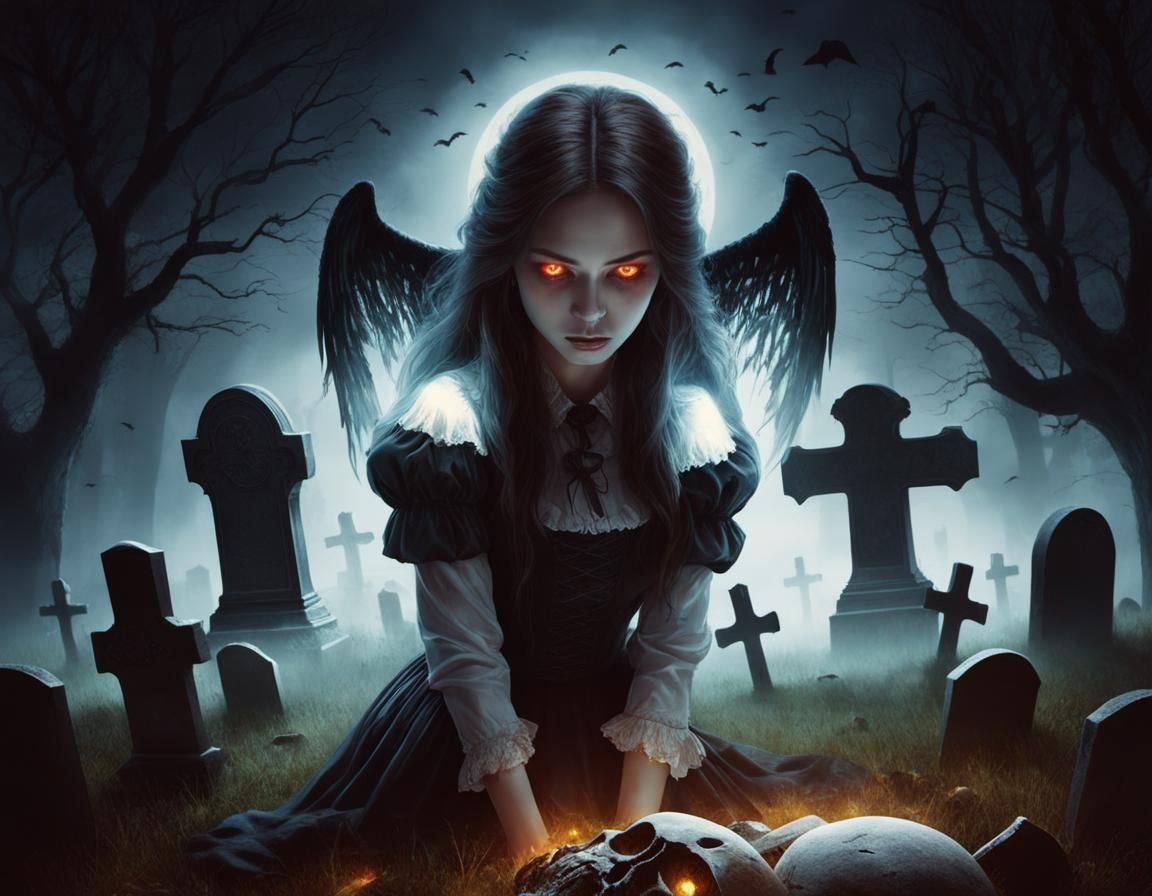 An evil angel is hanging around the cemetery.